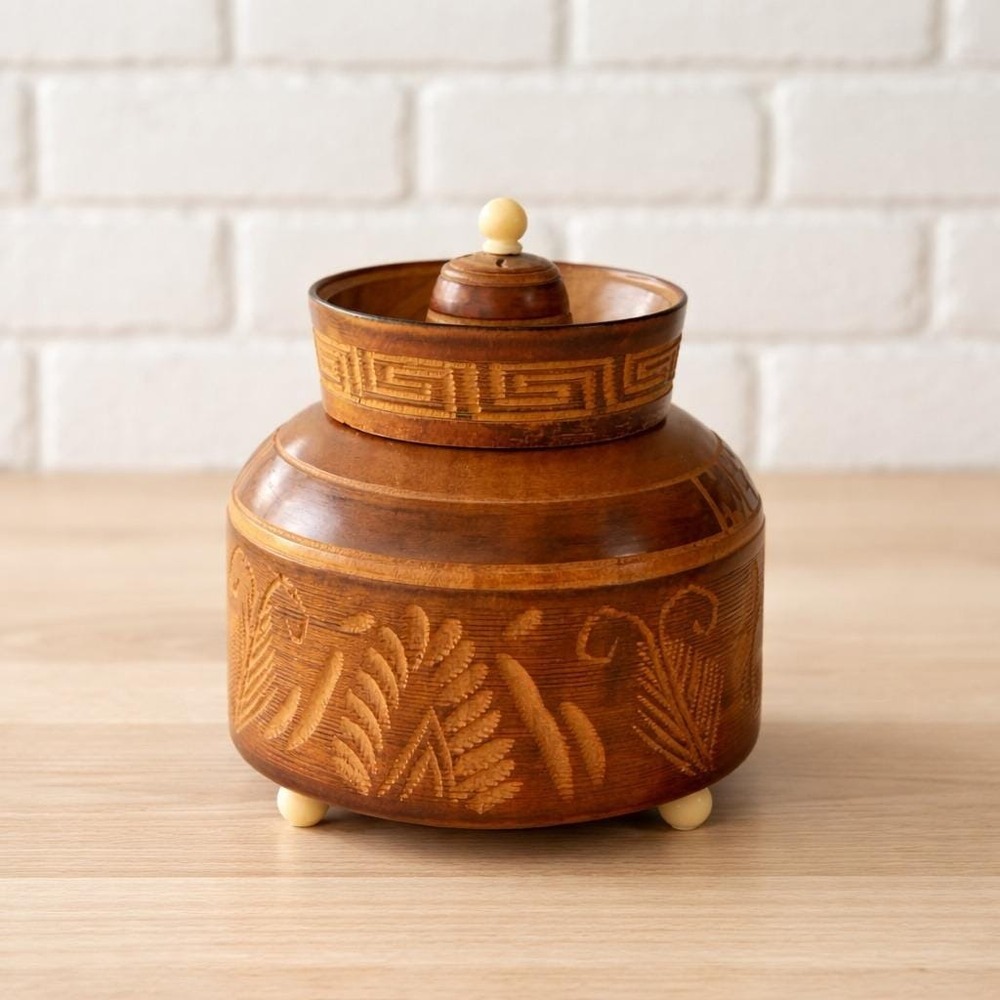 Taxco Mexico Hand Carved Wood Lidded Jar Folk Art Eagle Aztec Vintage Boho Decor - Picture 3 of 8